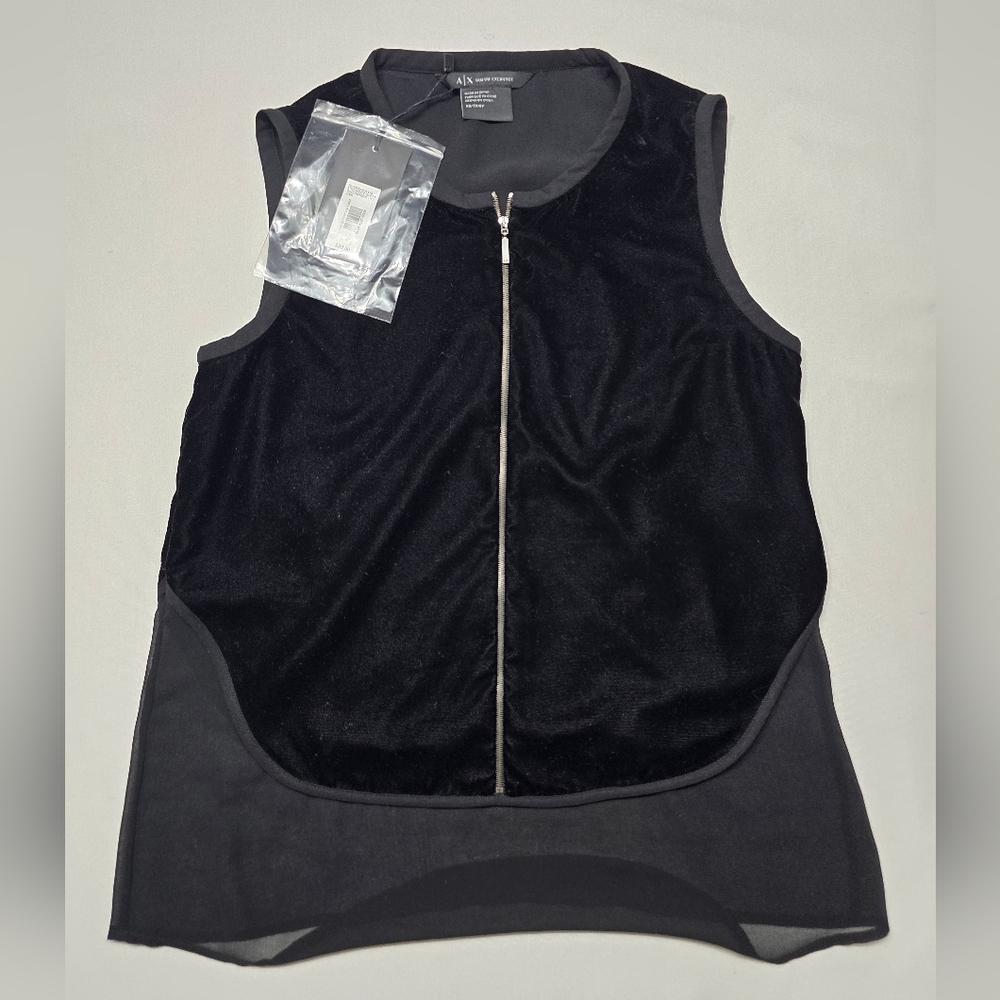 New Armani Exchange Black Velvet And Sheer Sleeveless Zip Up Top